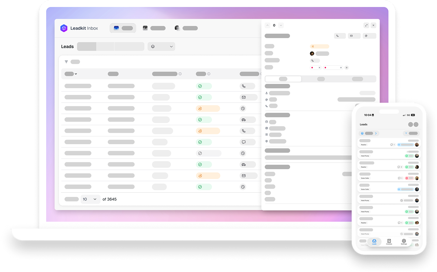 Leadkit Inbox on a laptop and a phone, showing the leads list on desktop and mobile